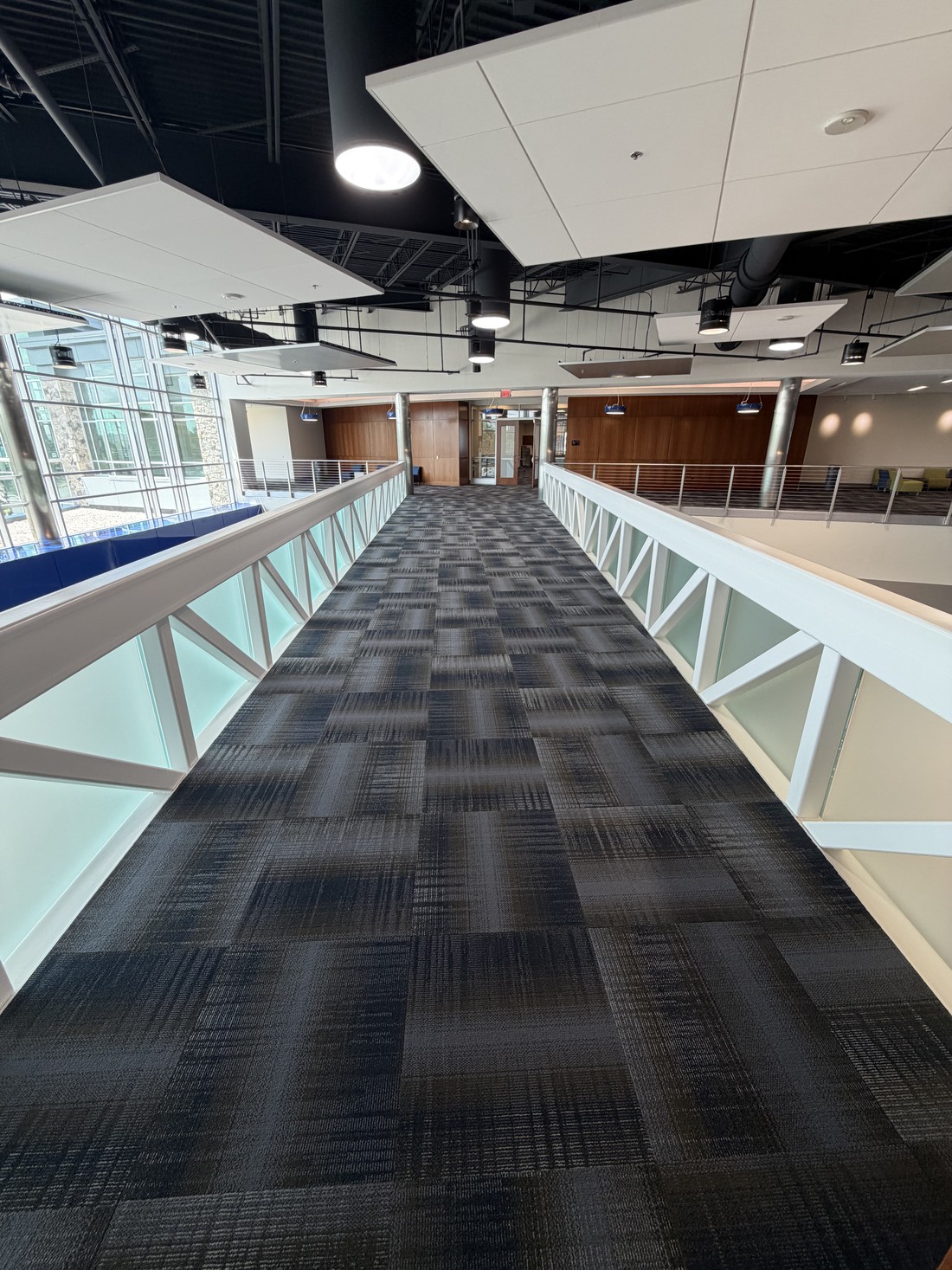 A carpeted elevated walkway between campus buildings, freshly cleaned