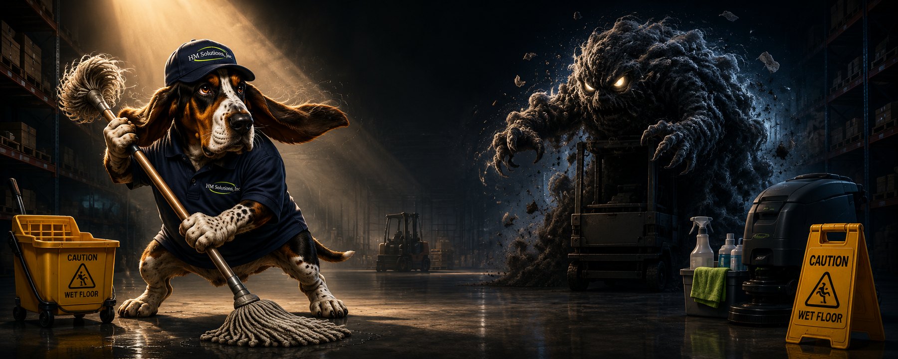 The HM Solutions mascot, a determined basset hound in an HM cap and polo, mopping back a monster made of dust and debris in a warehouse