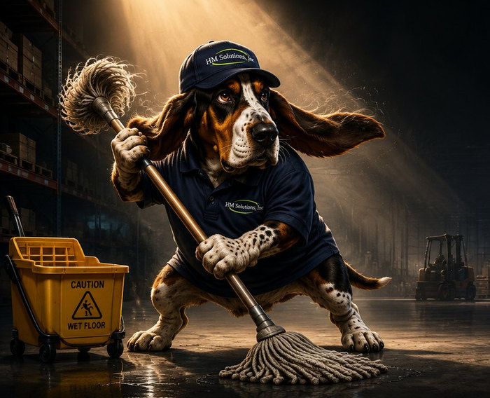 The HM Solutions mascot, a basset hound in an HM Solutions cap and polo, mopping a warehouse floor