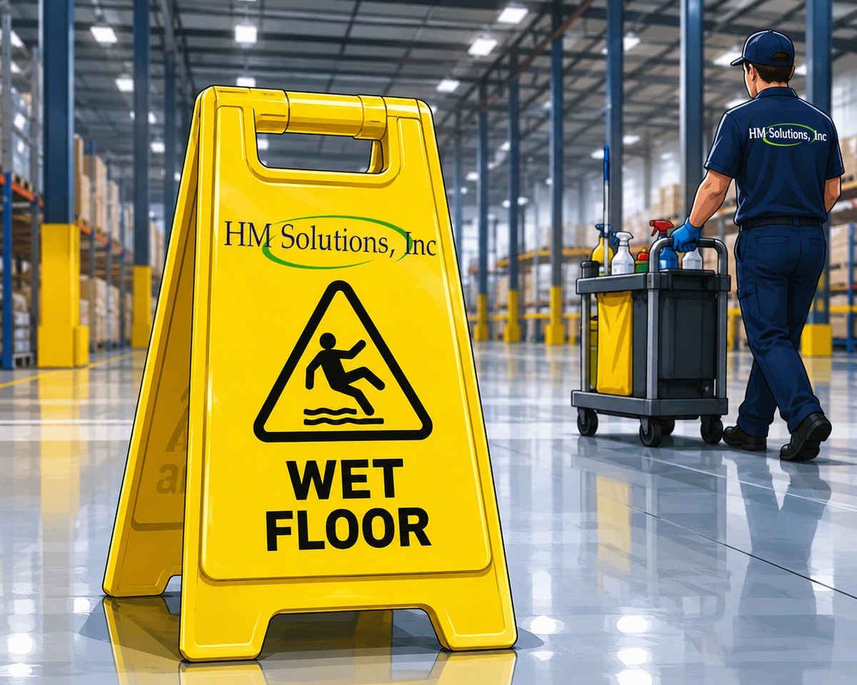 An HM Solutions technician moving a stocked janitorial cart past an HM-branded wet floor sign in a warehouse