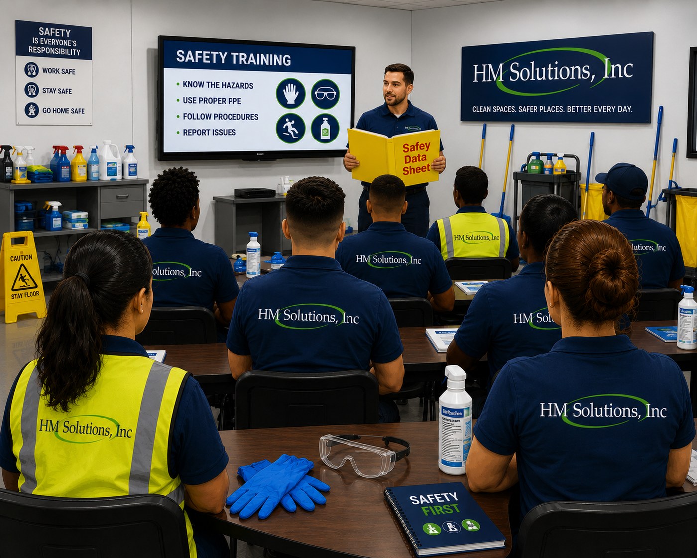 An HM Solutions safety and training session with the crew in HM uniforms and high-visibility vests reviewing hazards, PPE, and SDS